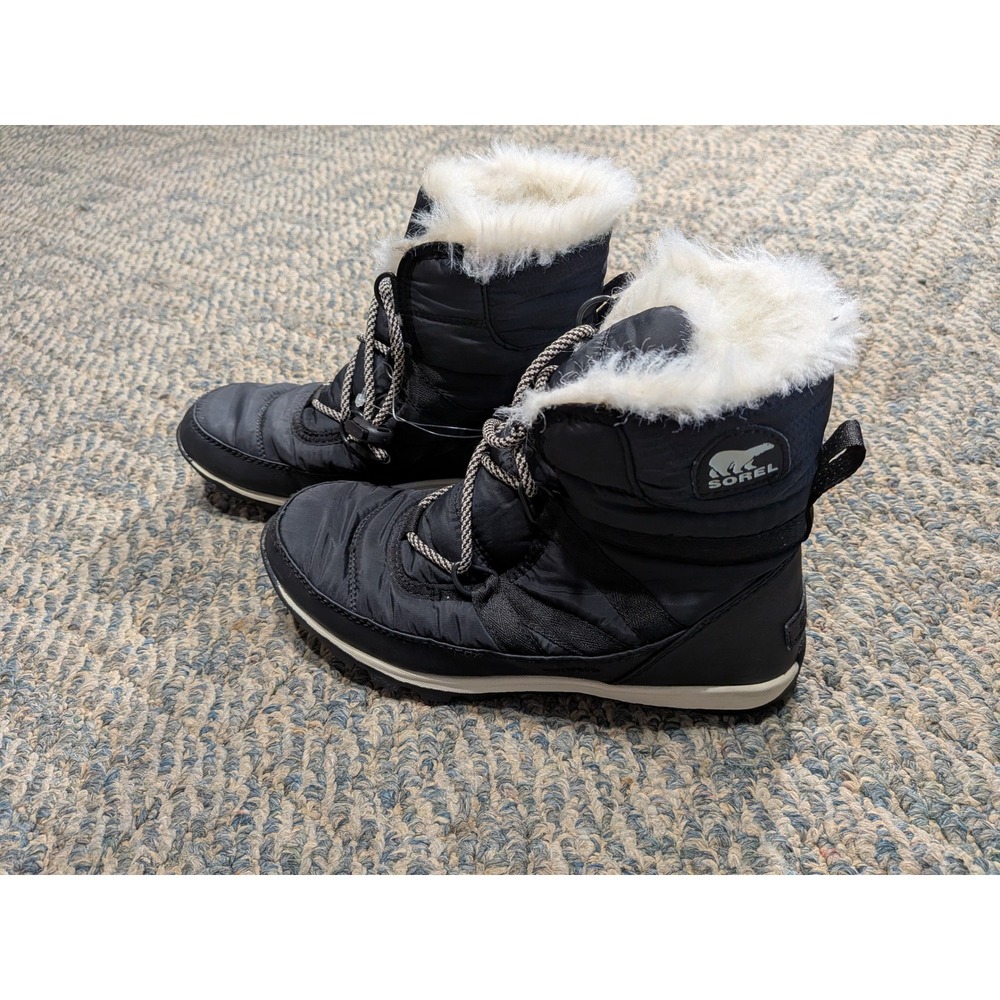 Sorel Whitney Short Lace Black Waterproof Winter Boots Faux Fur NY1897-011 Size9